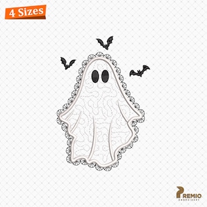 May include: An embroidery design featuring a white ghost with black oval eyes, surrounded by three small black bats. The ghost is outlined with a black scalloped lace border and filled with a stippled pattern. Text reads 4 Sizes.