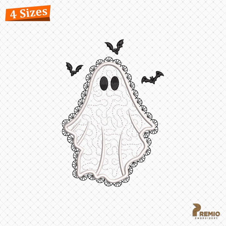 May include: An embroidery design featuring a white ghost with black oval eyes, surrounded by three small black bats. The ghost is outlined with a black scalloped lace border and filled with a stippled pattern. Text reads 4 Sizes.