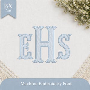 May include: A light blue machine embroidery monogram featuring the letters EHS in a serif font. A blue banner in the top left corner displays the text BX font, and a blue banner at the bottom displays the text Machine Embroidery Font.