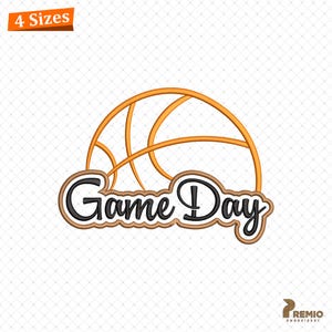 May include: An orange basketball design with the words "Game Day" in black script, outlined in brown and white. The design is on a white background with a subtle diamond pattern. The top left corner has a small orange banner that says "4 Sizes".