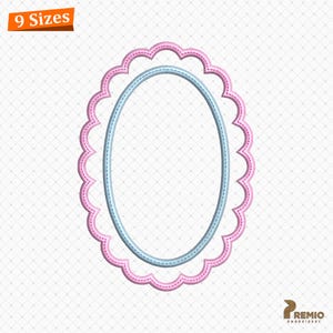 May include: An embroidery design featuring a light blue oval frame centered within a larger pink scalloped oval border. The design includes the text 9 Sizes in an orange banner at the top left and the Premio Embroidery logo at the bottom right.
