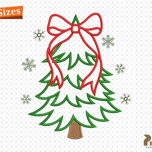 May include: A green Christmas tree design with a red bow and snowflakes. The tree has a brown trunk and green branches. The words "4 Sizes" are in an orange rectangle in the upper left corner.
