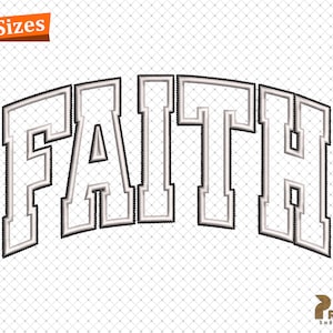 May include: A white embroidery design of the word "FAITH" in a bold, blocky font with a gray outline. The design is on a white background with a grid pattern.