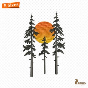 May include: An embroidered design featuring three dark gray pine trees in front of a yellow and orange sunset. The design includes the text "5 Sizes" in an orange box. The Remio Embroidery logo is in the bottom right corner.