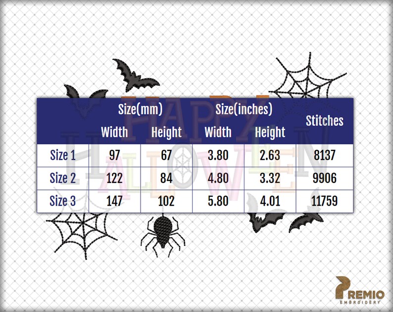 Peut inclure: Un tableau montrant la taille et le nombre de points pour un motif de broderie d'Halloween. Le motif repr&eacute;sente une toile d'araign&eacute;e, une araign&eacute;e et des chauves-souris. Le tableau indique la taille en millim&egrave;tres et en pouces, ainsi que le nombre de points n&eacute;cessaires pour chaque taille. Les tailles sont de 97 mm x 67 mm, 122 mm x 84 mm et 147 mm x 102 mm.