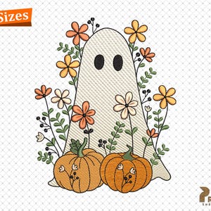 Borduurontwerp bloemen spook met pompoen, borduurontwerp spookachtige bloemen spook, bloem wilde bloem Halloween machineborduurontwerpen