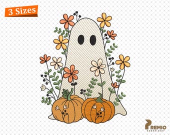 Floral Ghost with Pumpkin Embroidery Design, Spooky Floral Ghost Embroidery Design, Flower Wildflower Halloween Machine Embroidery Designs