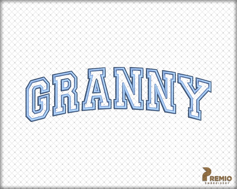 Puede incluir: Un dise&ntilde;o bordado en azul y blanco de la palabra "GRANNY" en una fuente de estilo universitario.