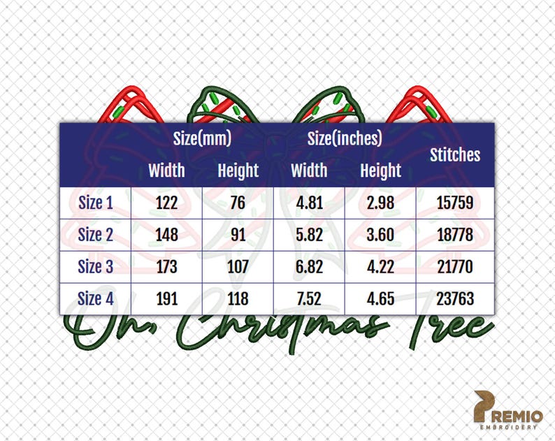 May include: A chart showing the size, width, height, and stitch count for a Christmas tree embroidery design. The design is available in four sizes: 4.81 inches by 2.98 inches, 5.82 inches by 3.60 inches, 6.82 inches by 4.22 inches, and 7.52 inches by 4.65 inches.