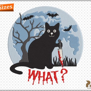 What Halloween Cat Embroidery Design, Halloween Cat with Knife Embroidery Files, Spooky Ghost Cat Machine Digital Embroidery Design Patterns