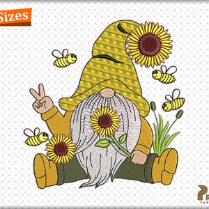 Bee Gnome Embroidery Design, Gnome with Sunflower Embroidery Designs, Bee Gnome Machine Embroidery Design, Sunflower Gnome embroidery design