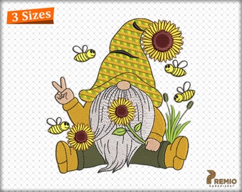 Bee Gnome Embroidery Design, Gnome with Sunflower Embroidery Designs, Bee Gnome Machine Embroidery Design, Sunflower Gnome embroidery design