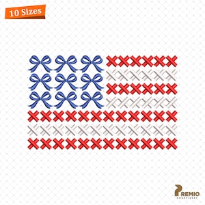 Coquette US American Flag Embroidery Design, Preppy Bow USA Flag Embroidery Machine Embroidery, Fourth Of July Coquette Bow Embroidery Files