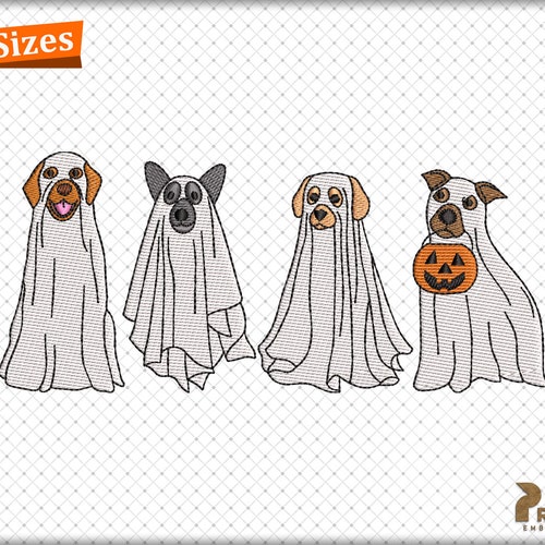 Stickdatei „Hundegeist“, Stickdatei „Vier Halloween-Geisterhunde für die Gruselsaison“, Stickdatei „Halloween-Geisterwelpenpfote“