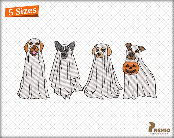 Dog Ghost Embroidery Design, Four Halloween Ghost Dog Spooky Season Embroidery Design, Halloween Ghost Puppy Paw Machine Embroidery Files