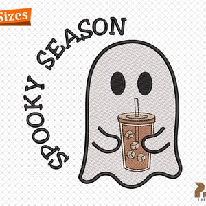 Cute Ghost Drinking Coffee Embroidery Design, Halloween Machine Embroidery Files, Ghost Embroidery Files, Halloween Digitizing Embroidery
