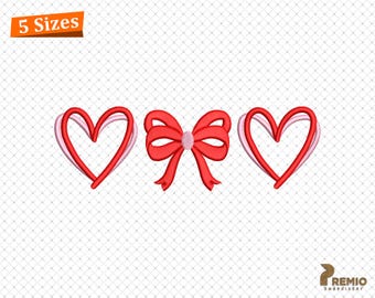 Archivos de bordado de lazos de corazón, archivos de bordado a máquina de lazos de corazón con cinta, patrones de bordado de coqueta femenina con lazo de corazón rojo, corazones de San Valentín