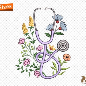 May include: Purple stethoscope with a floral design. The stethoscope is surrounded by pink, yellow, blue, and orange flowers. The flowers are on green stems.