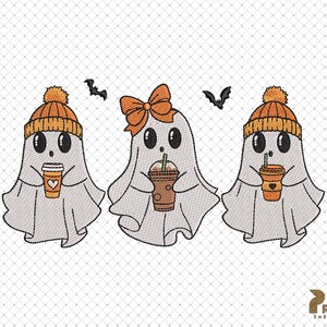 May include: Three cute ghosts wearing orange and white knit hats and holding cups of coffee. The ghosts are white with black eyes and mouths. The background is a white grid pattern.
