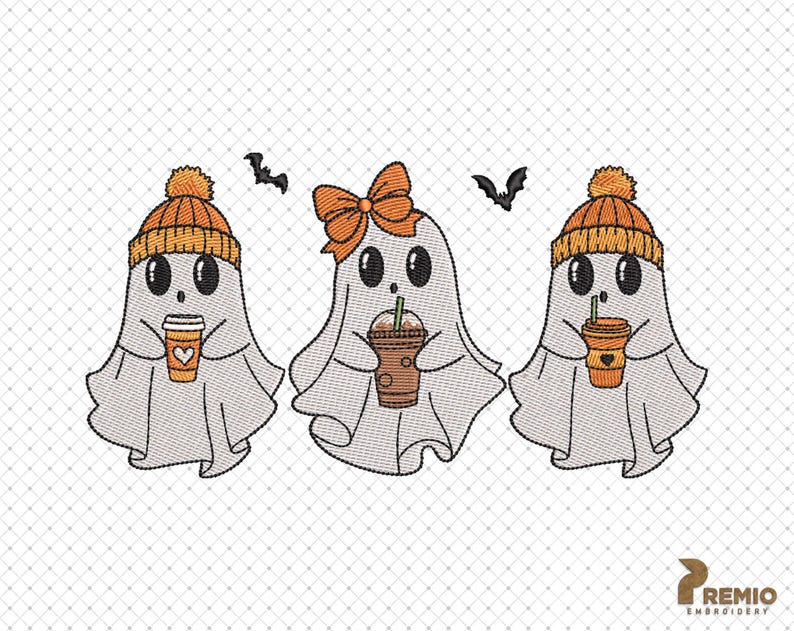 May include: Three cute ghosts wearing orange and white knit hats and holding cups of coffee. The ghosts are white with black eyes and mouths. The background is a white grid pattern.