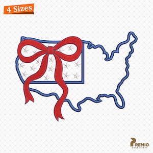 May include: An embroidered design featuring the outline of the United States in blue, with a red bow and a section resembling a flag. The flag section has white stars on a white background. The text "4 Sizes" is in an orange box.
