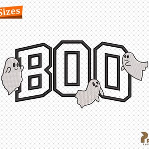 May include: Black and white embroidery design of the word "BOO" with three ghosts. The ghosts are white with black eyes and mouths.