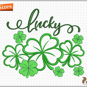 May include: Green four-leaf clovers with the word "lucky" in green cursive script.  This is an embroidery design.