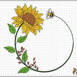 Wreath Sunflower Embroidery Design, Sunflower Monogram Frame Embroidery Design, Embroidery Sunflower, Bee and Sunflower Embroidery Designs