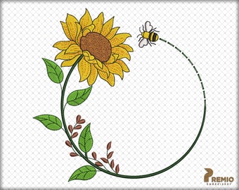 Krans zonnebloem borduurwerk ontwerpen, zonnebloem monogram frame borduurwerk ontwerpen, borduurwerk zonnebloem, bij en zonnebloem borduurwerk ontwerpen