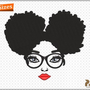 May include: Black and white embroidery design of a woman with large afro puffs and glasses. She is wearing red lipstick.