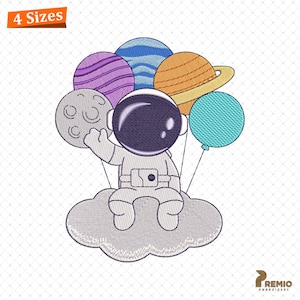 May include: An astronaut sits on a cloud holding a moon-shaped balloon. The astronaut is wearing a black helmet and a white spacesuit. The astronaut is surrounded by colorful planet-shaped balloons.