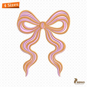 Puede incluir: Un diseño de lazo bordado en tonos rosa, dorado y naranja. El lazo tiene un efecto en capas con cintas fluidas. Las palabras "4 Sizes" están en un pequeño recuadro naranja en la esquina superior izquierda. Sobre fondo blanco.