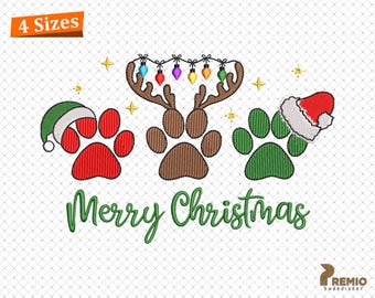 Christmas Paw Embroidery Design, Merry Christmas Lights Paw Embroidery Designs, Pet Lover Christmas Machine Embroidery Files
