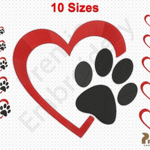 Hundepfote Herz Stickdatei, Herzpfote Stickdatei, Ich liebe Hund Stickdatei, Mein Hund ist meine Valentinstag Stickdatei