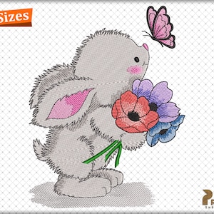 Cute Bunny Embroidery Designs, Floral Butterfly with Bunny Embroidery Design Files, Spring Easter Bunny Rabbit Machine Embroidery Files