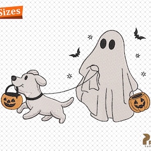 May include: A white ghost with two eyes and a mouth is walking a grey dog. The ghost is holding a small orange pumpkin with a jack-o-lantern face. The dog is holding a similar pumpkin. There are bats and stars in the background.
