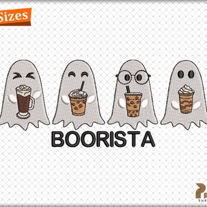 Spooky Ghost with Coffee Embroidery Design, Boorista Ghost Coffee Halloween Embroidery Designs, Ghost Iced Coffee Machine Embroidery Files