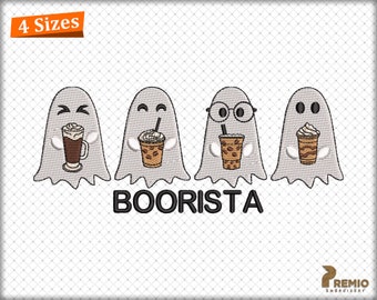 不気味なコーヒー入りゴーストの刺繍デザイン、ブーリスタのゴーストコーヒーのハロウィン刺繍デザイン、ゴーストアイスコーヒーマシン刺繍ファイル
