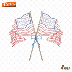 May include: Two American flags crossed at the center with a blue bow. The flags are red, white, and blue with a stitched look.