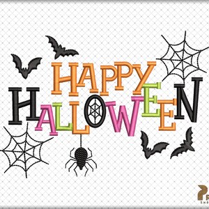 Peut inclure: Mod&egrave;le de broderie Happy Halloween avec des lettres color&eacute;es, des chauves-souris noires et des toiles d'araign&eacute;es.