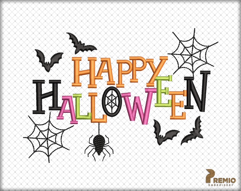 Peut inclure: Mod&egrave;le de broderie Happy Halloween avec des lettres color&eacute;es, des chauves-souris noires et des toiles d'araign&eacute;es.