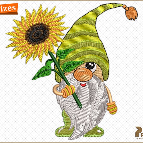 Zonnebloemkabouterborduurontwerp, zomerkabouterpatronen, kabouter met zonnebloemborduurontwerp, kabouterborduurontwerpen - digitale download