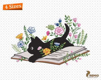 Peut inclure: Silhouette de chat noir lisant un livre entouré de fleurs colorées. Le chat est allongé sur un livre ouvert, la tête posée sur les pages. Les fleurs sont de différentes nuances de rose, violet, jaune et vert.