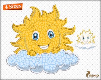Summer Sun Applique Design, Smiling Sun with cloud Machine Applique Embroidery Design, Embroidery applique sun. Embroidery design sun files