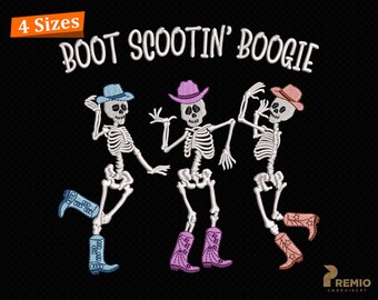Diseño de bordado "Boot Scootin' Boogie", diseño de bordado de esqueleto de vaquero bailando, diseños de bordado de calaveras espeluznantes de Halloween del oeste