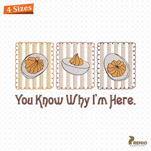 Op de afbeelding: Geborduurd ontwerp met drie gevulde eieren op gestreepte achtergronden. De tekst "You Know Why I'm Here" staat onder de eieren. In de linkerbovenhoek staat "4 Sizes".