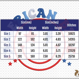 May include: A table showing the size, width, height, and stitch count for an American flag embroidery design. The sizes are listed in millimeters and inches. The design is available in five sizes, ranging from 97mm x 81mm to 191mm x 160mm.
