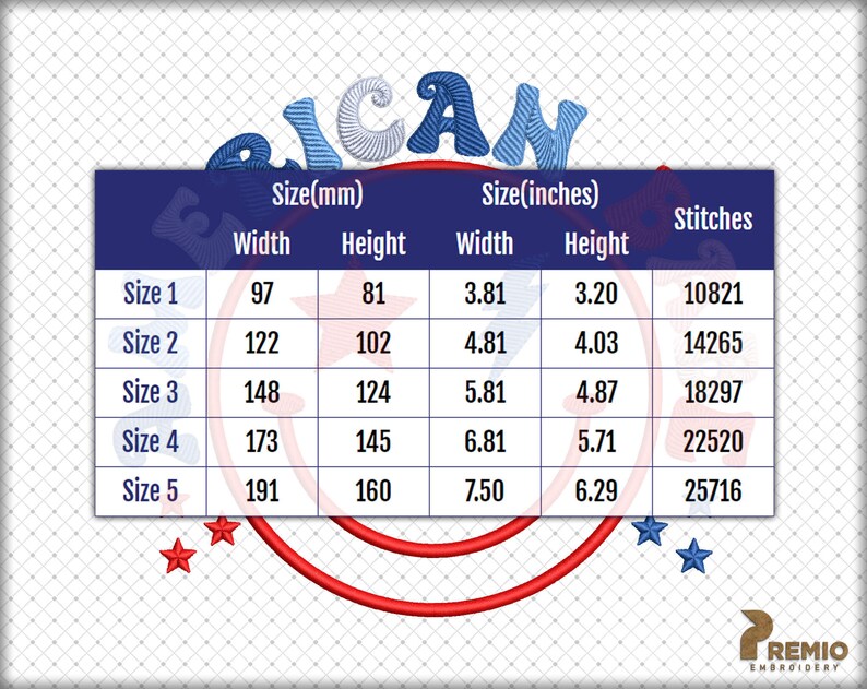May include: A table showing the size, width, height, and stitch count for an American flag embroidery design. The sizes are listed in millimeters and inches. The design is available in five sizes, ranging from 97mm x 81mm to 191mm x 160mm.