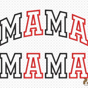 Puede incluir: Dos filas de la palabra "MAMA" en letras may&uacute;sculas negras y rojas con contornos blancos. La fila superior est&aacute; en contorno negro y la fila inferior est&aacute; en contorno rojo.