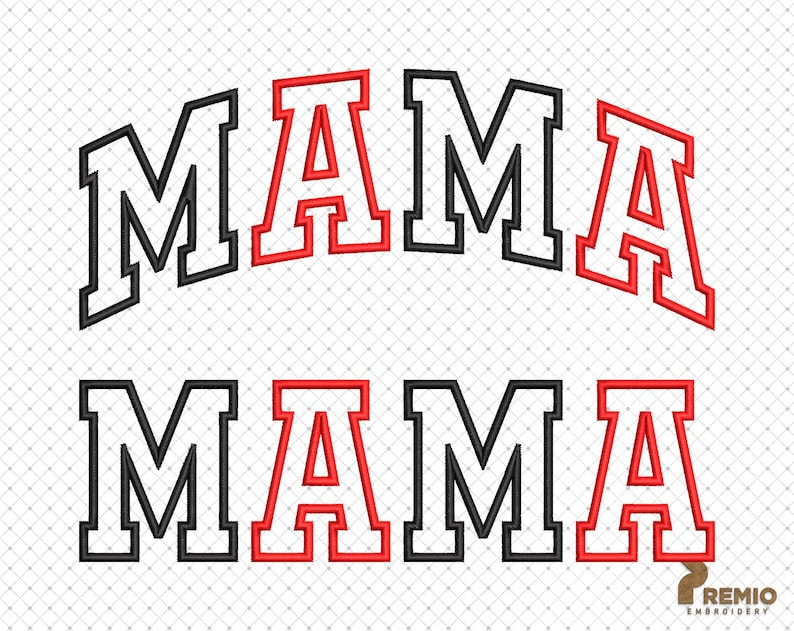 Puede incluir: Dos filas de la palabra "MAMA" en letras may&uacute;sculas negras y rojas con contornos blancos. La fila superior est&aacute; en contorno negro y la fila inferior est&aacute; en contorno rojo.